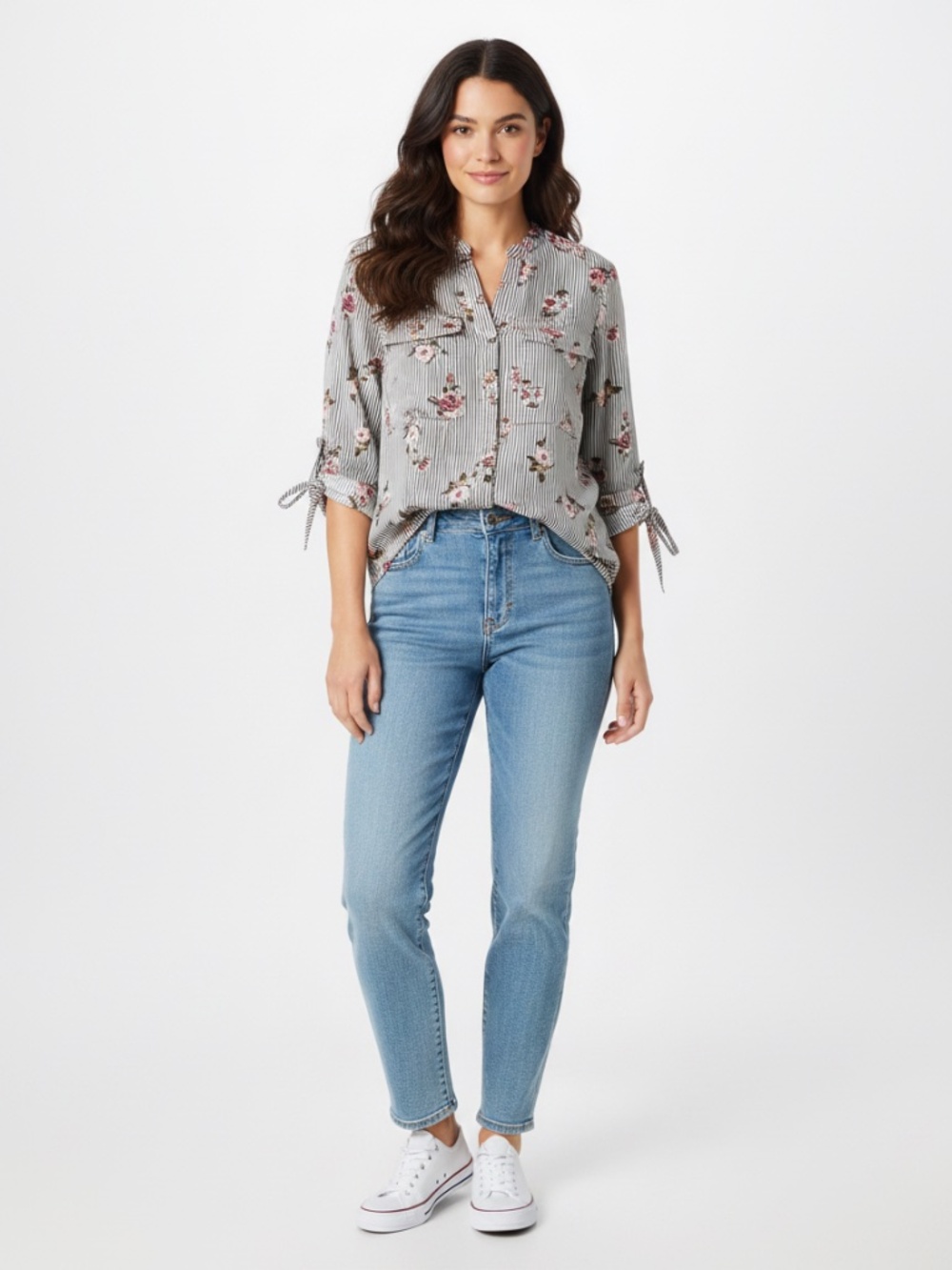 Blue and white striped floral blouse small.